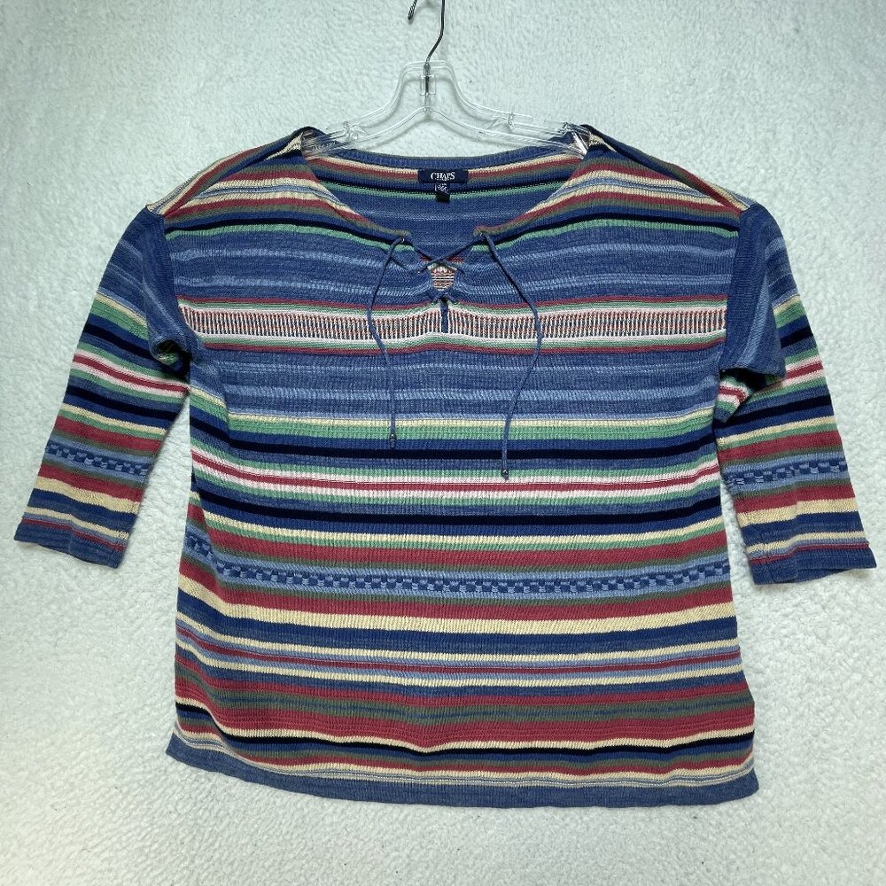 Chaps Women Large Lightweight Blue Multicolor 3/4 Sleeve Linen Blend Sweater